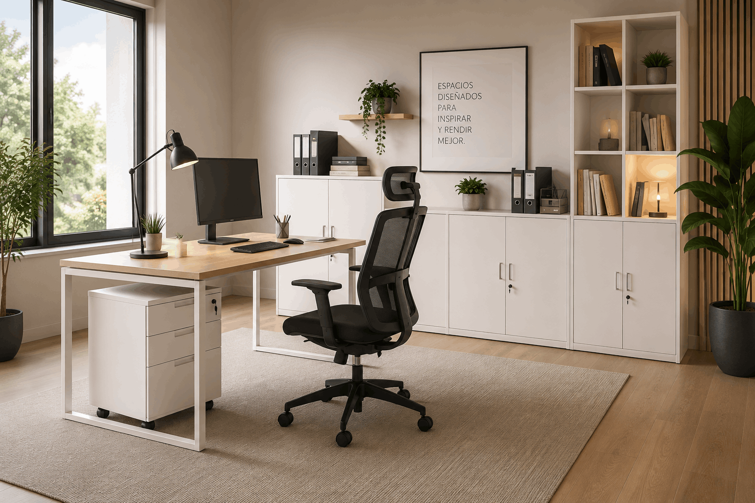 Oficina moderna con escritorio y silla ergonómica
